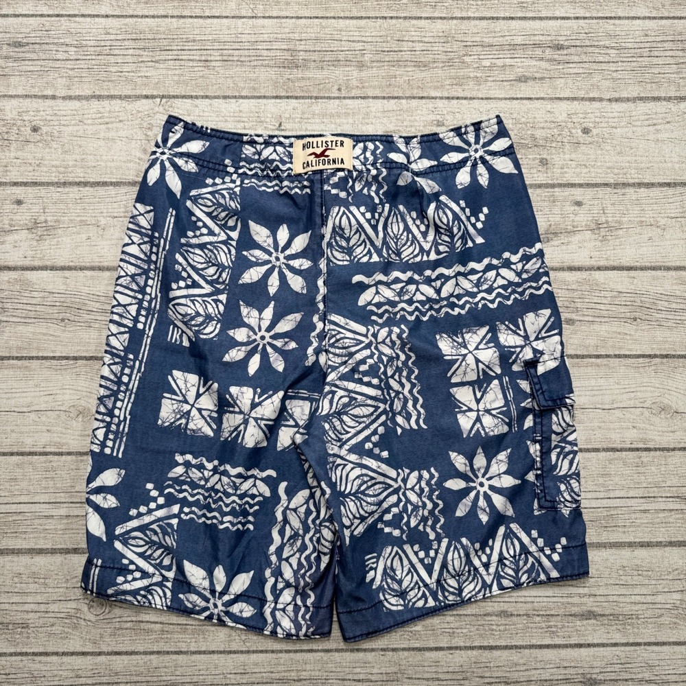 Y2K Hollister Board Shorts Mens Medium Blue White Floral Batik Cargo Swim Trunks - Picture 2 of 5